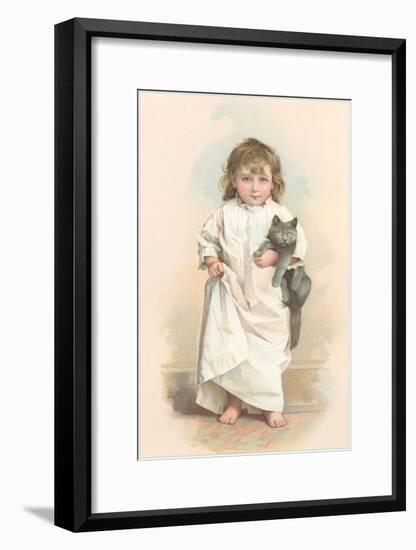 Girl in Nightgown with Frightened Cat-null-Framed Art Print