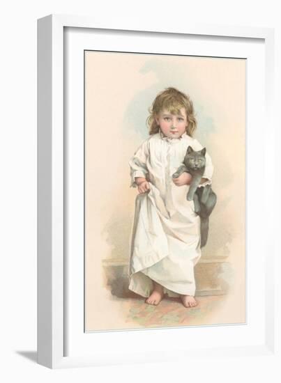 Girl in Nightgown with Frightened Cat-null-Framed Art Print