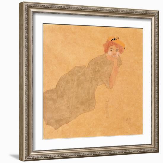 Girl in Olive Coloured Dress with Propped Arm, 1908-Egon Schiele-Framed Giclee Print