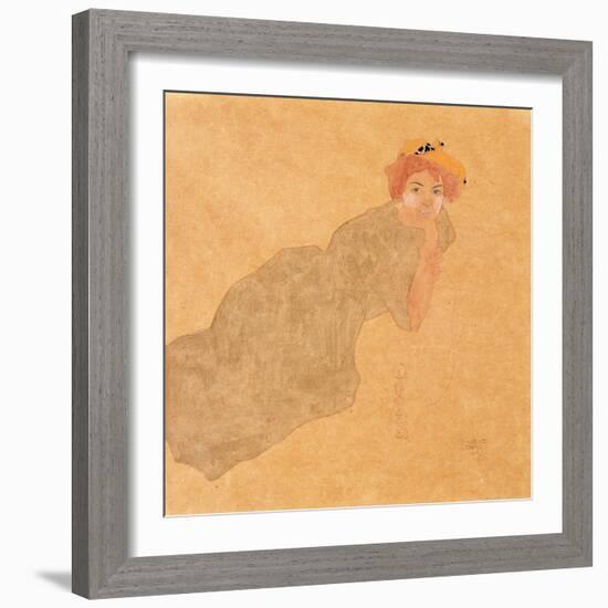 Girl in Olive Coloured Dress with Propped Arm, 1908-Egon Schiele-Framed Giclee Print