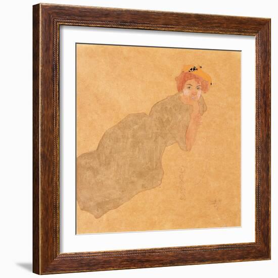 Girl in Olive Coloured Dress with Propped Arm, 1908-Egon Schiele-Framed Giclee Print