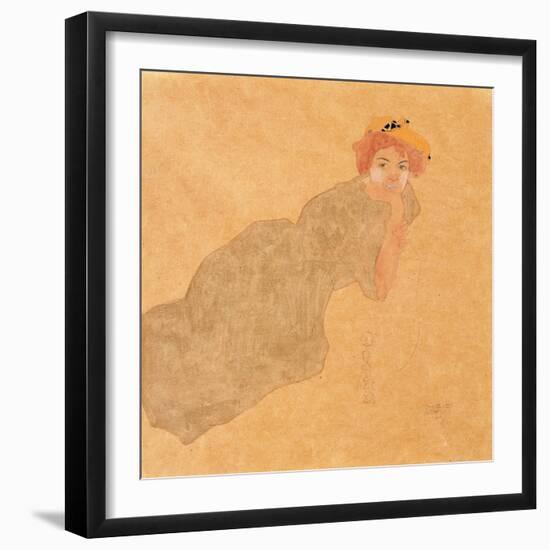 Girl in Olive Coloured Dress with Propped Arm, 1908-Egon Schiele-Framed Giclee Print