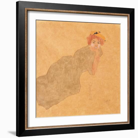 Girl in Olive Coloured Dress with Propped Arm, 1908-Egon Schiele-Framed Giclee Print