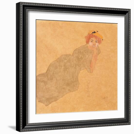 Girl in Olive Coloured Dress with Propped Arm, 1908-Egon Schiele-Framed Giclee Print