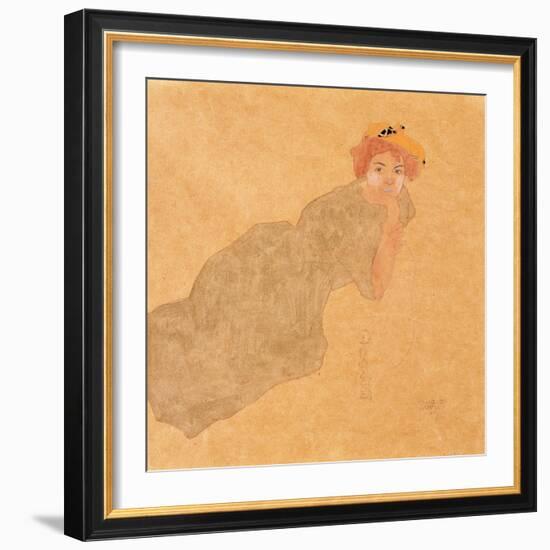 Girl in Olive Coloured Dress with Propped Arm, 1908-Egon Schiele-Framed Giclee Print