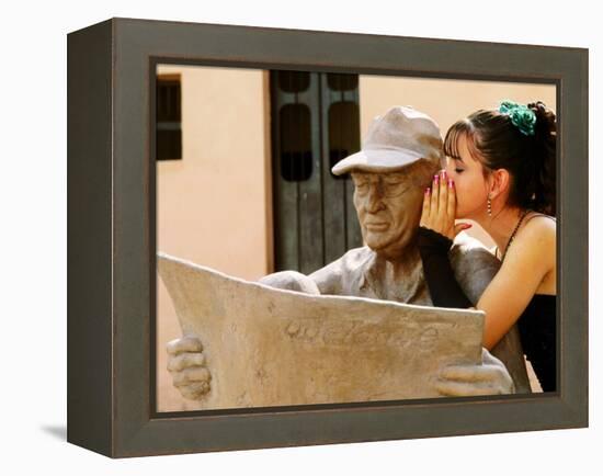 Girl in Quincinera (15th) Birthday Dress Whispering to Statue, Plaza Del Carmen, Camaguey, Cuba-Christopher P Baker-Framed Premier Image Canvas