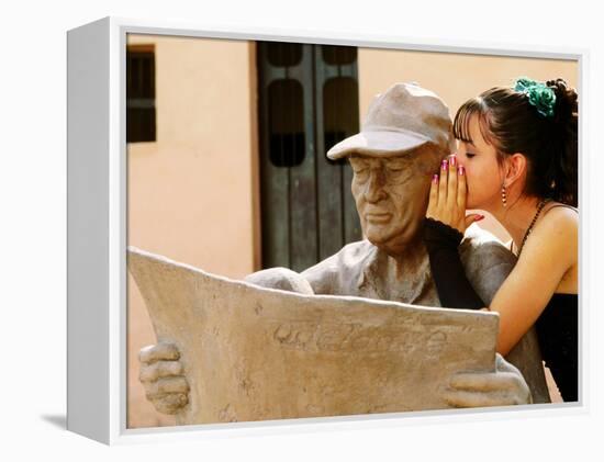 Girl in Quincinera (15th) Birthday Dress Whispering to Statue, Plaza Del Carmen, Camaguey, Cuba-Christopher P Baker-Framed Premier Image Canvas