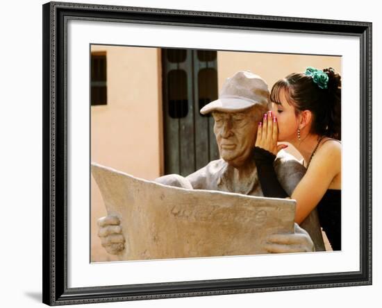 Girl in Quincinera (15th) Birthday Dress Whispering to Statue, Plaza Del Carmen, Camaguey, Cuba-Christopher P Baker-Framed Photographic Print