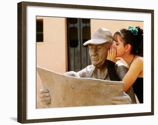 Girl in Quincinera (15th) Birthday Dress Whispering to Statue, Plaza Del Carmen, Camaguey, Cuba-Christopher P Baker-Framed Photographic Print