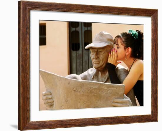 Girl in Quincinera (15th) Birthday Dress Whispering to Statue, Plaza Del Carmen, Camaguey, Cuba-Christopher P Baker-Framed Photographic Print