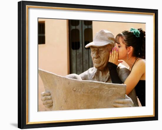 Girl in Quincinera (15th) Birthday Dress Whispering to Statue, Plaza Del Carmen, Camaguey, Cuba-Christopher P Baker-Framed Photographic Print