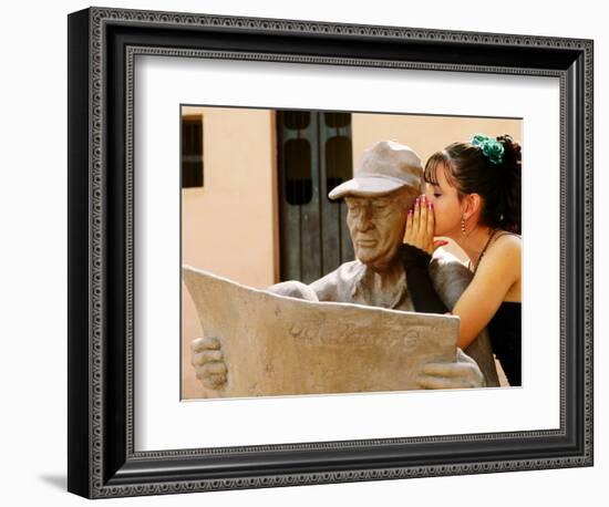 Girl in Quincinera (15th) Birthday Dress Whispering to Statue, Plaza Del Carmen, Camaguey, Cuba-Christopher P Baker-Framed Premium Photographic Print