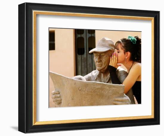 Girl in Quincinera (15th) Birthday Dress Whispering to Statue, Plaza Del Carmen, Camaguey, Cuba-Christopher P Baker-Framed Premium Photographic Print