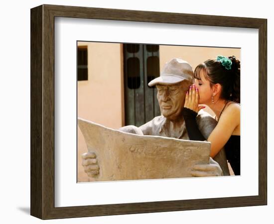 Girl in Quincinera (15th) Birthday Dress Whispering to Statue, Plaza Del Carmen, Camaguey, Cuba-Christopher P Baker-Framed Photographic Print