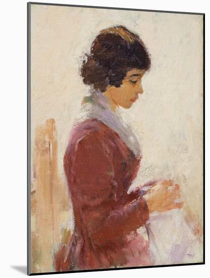 Girl in Red, Sewing-Theodore Robinson-Mounted Giclee Print