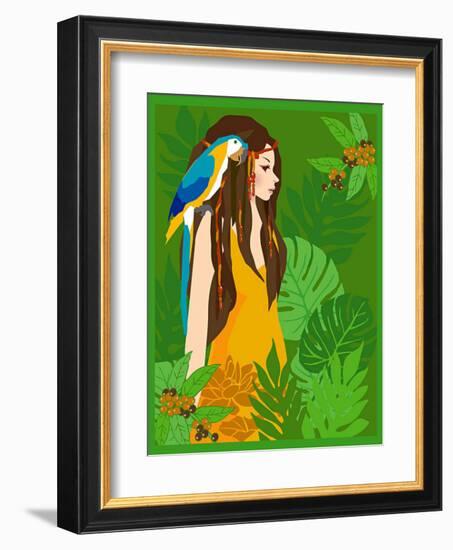 Girl in Tropical Paradise with Blue Bird-Noriko Sakura-Framed Art Print
