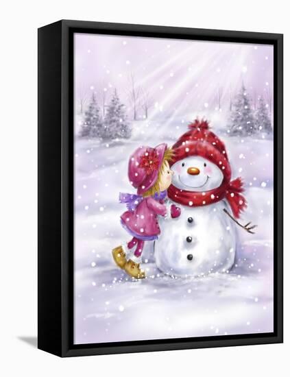 Girl Kissing Snowman-MAKIKO-Framed Premier Image Canvas