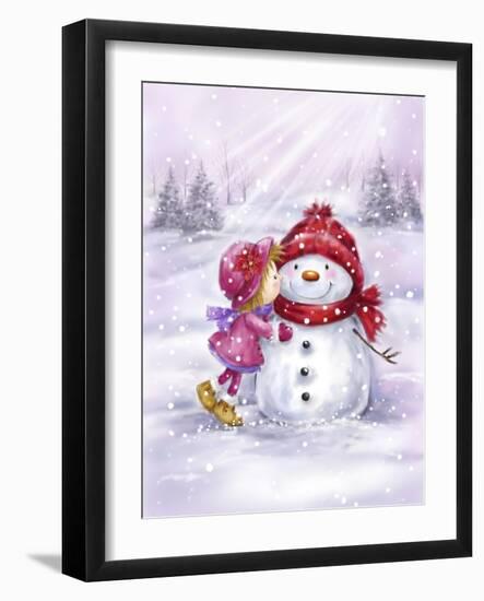 Girl Kissing Snowman-MAKIKO-Framed Giclee Print