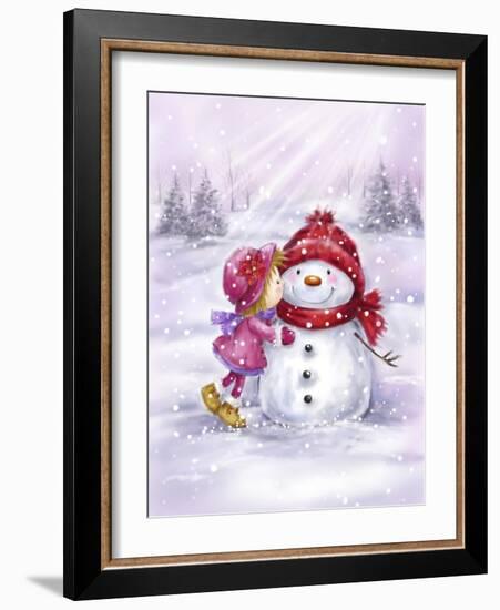 Girl Kissing Snowman-MAKIKO-Framed Giclee Print