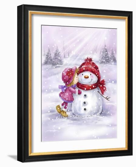 Girl Kissing Snowman-MAKIKO-Framed Giclee Print