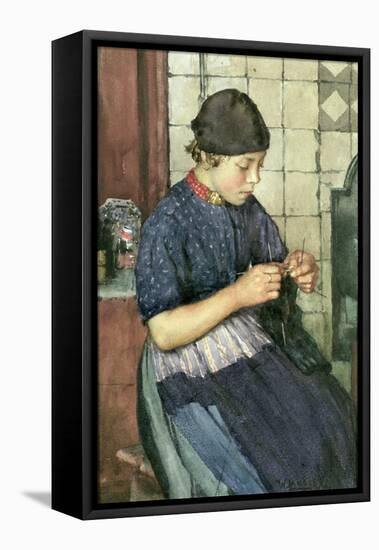 Girl Knitting-Walter Langley-Framed Premier Image Canvas