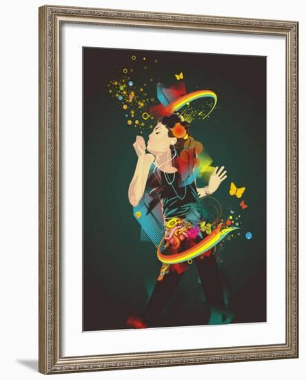 Girl Making Soap Bubbles,Rainbow and Abstract Background-gudron-Framed Art Print