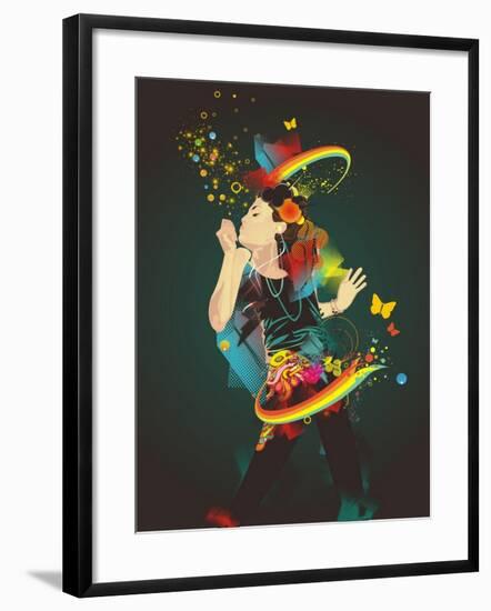 Girl Making Soap Bubbles,Rainbow and Abstract Background-gudron-Framed Art Print