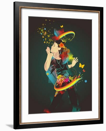 Girl Making Soap Bubbles,Rainbow and Abstract Background-gudron-Framed Art Print