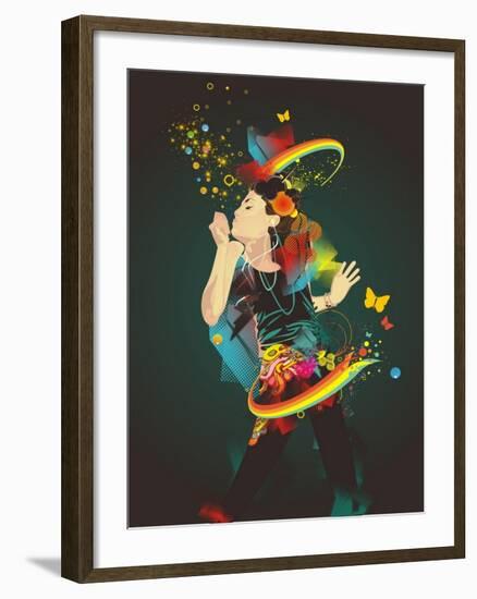 Girl Making Soap Bubbles,Rainbow and Abstract Background-gudron-Framed Art Print