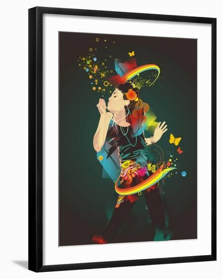 Girl Making Soap Bubbles,Rainbow and Abstract Background-gudron-Framed Art Print