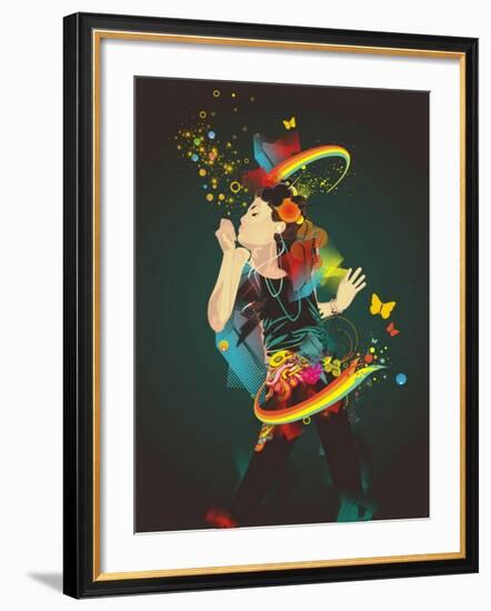 Girl Making Soap Bubbles,Rainbow and Abstract Background-gudron-Framed Art Print