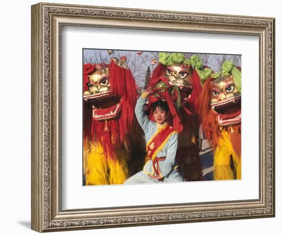 Girl Playing Lion Dance for Chinese New Year, Beijing, China-Keren Su-Framed Photographic Print