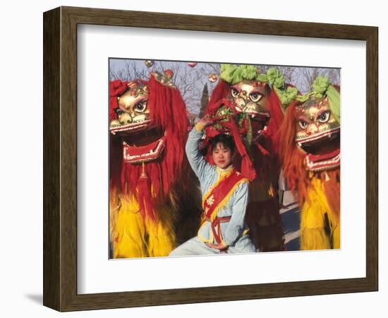 Girl Playing Lion Dance for Chinese New Year, Beijing, China-Keren Su-Framed Photographic Print