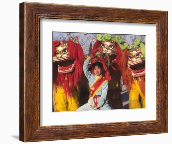 Girl Playing Lion Dance for Chinese New Year, Beijing, China-Keren Su-Framed Photographic Print