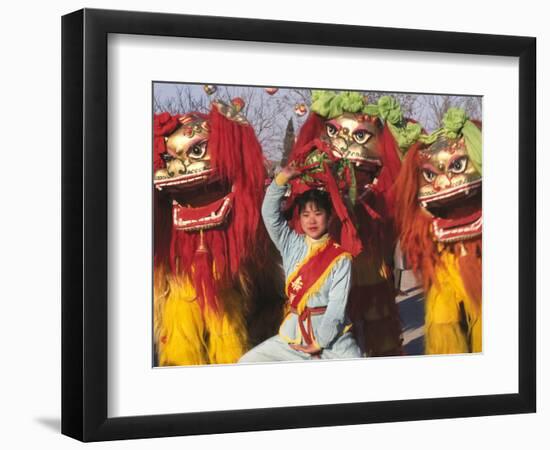 Girl Playing Lion Dance for Chinese New Year, Beijing, China-Keren Su-Framed Photographic Print