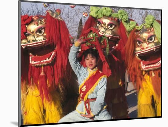 Girl Playing Lion Dance for Chinese New Year, Beijing, China-Keren Su-Mounted Photographic Print