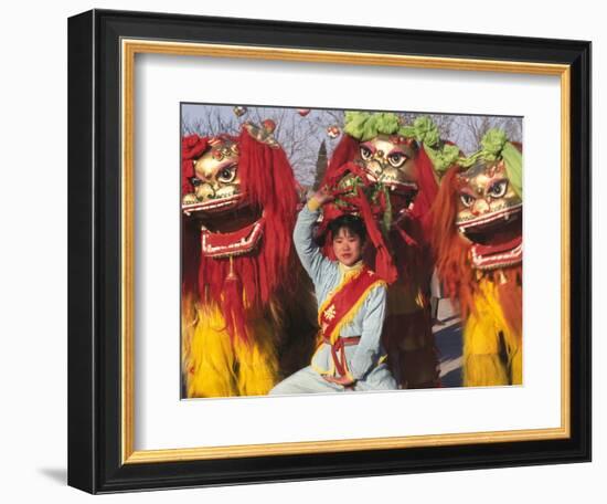 Girl Playing Lion Dance for Chinese New Year, Beijing, China-Keren Su-Framed Photographic Print