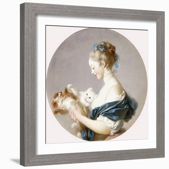 Girl Playing with a Dog and a Cat (Said to Be Marie-Madeline Colombe)-Jean-Honoré Fragonard-Framed Giclee Print