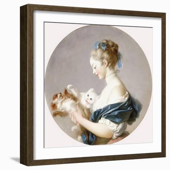 Girl Playing with a Dog and a Cat (Said to Be Marie-Madeline Colombe)-Jean-Honoré Fragonard-Framed Giclee Print