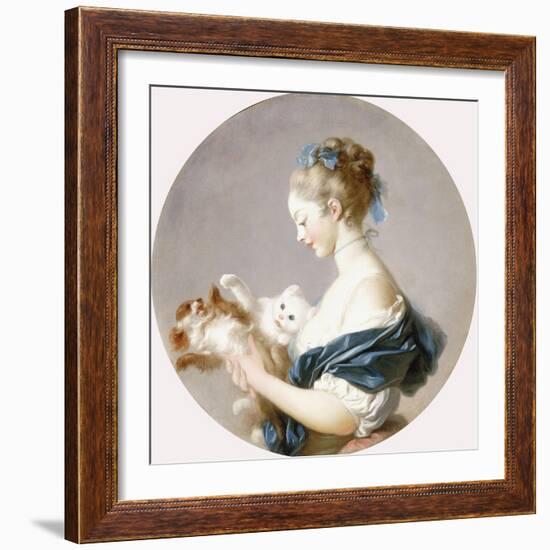 Girl Playing with a Dog and a Cat (Said to Be Marie-Madeline Colombe)-Jean-Honoré Fragonard-Framed Giclee Print