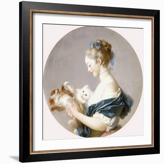Girl Playing with a Dog and a Cat (Said to Be Marie-Madeline Colombe)-Jean-Honoré Fragonard-Framed Giclee Print
