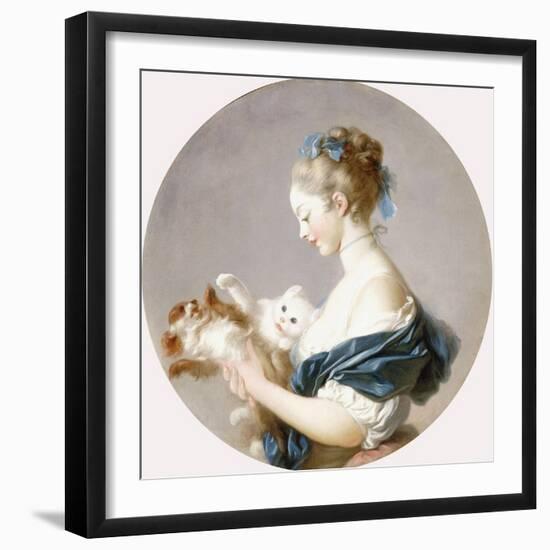 Girl Playing with a Dog and a Cat (Said to Be Marie-Madeline Colombe)-Jean-Honoré Fragonard-Framed Giclee Print