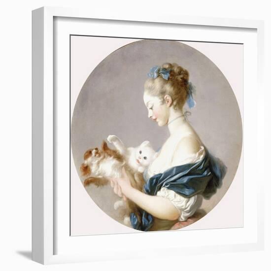 Girl Playing with a Dog and a Cat (Said to Be Marie-Madeline Colombe)-Jean-Honoré Fragonard-Framed Giclee Print