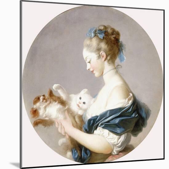 Girl Playing with a Dog and a Cat (Said to Be Marie-Madeline Colombe)-Jean-Honoré Fragonard-Mounted Giclee Print