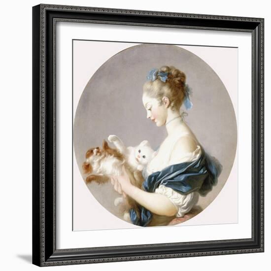 Girl Playing with a Dog and a Cat (Said to Be Marie-Madeline Colombe)-Jean-Honoré Fragonard-Framed Giclee Print