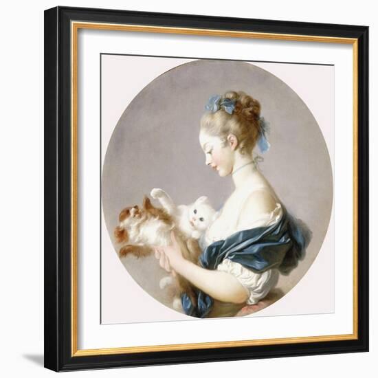 Girl Playing with a Dog and a Cat (Said to Be Marie-Madeline Colombe)-Jean-Honoré Fragonard-Framed Giclee Print