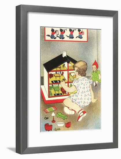 Girl Playing with Doll House-null-Framed Art Print
