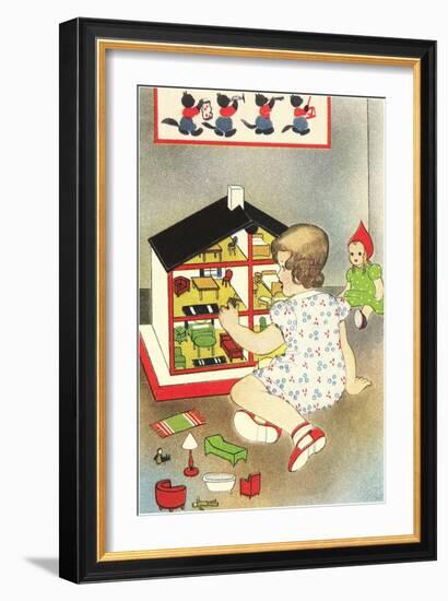 Girl Playing with Doll House-null-Framed Art Print