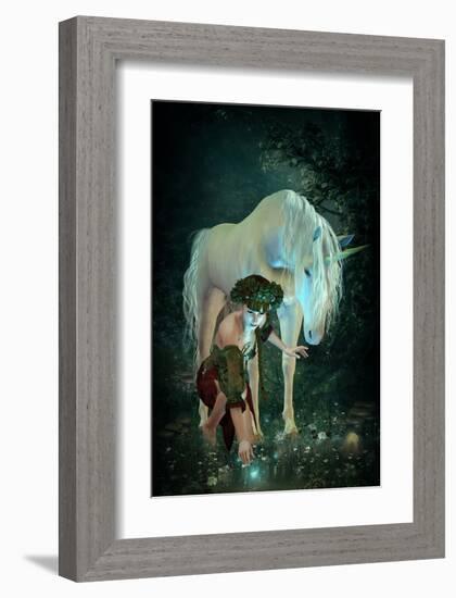 Girl Pond Fireflies & Unicorn-null-Framed Art Print