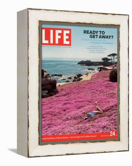 Girl Reading a Book on "Pink Magic Carpet" at Lovers Point Park, Pacific Grove, CA, June 24, 2005-Greg Miller-Framed Premier Image Canvas